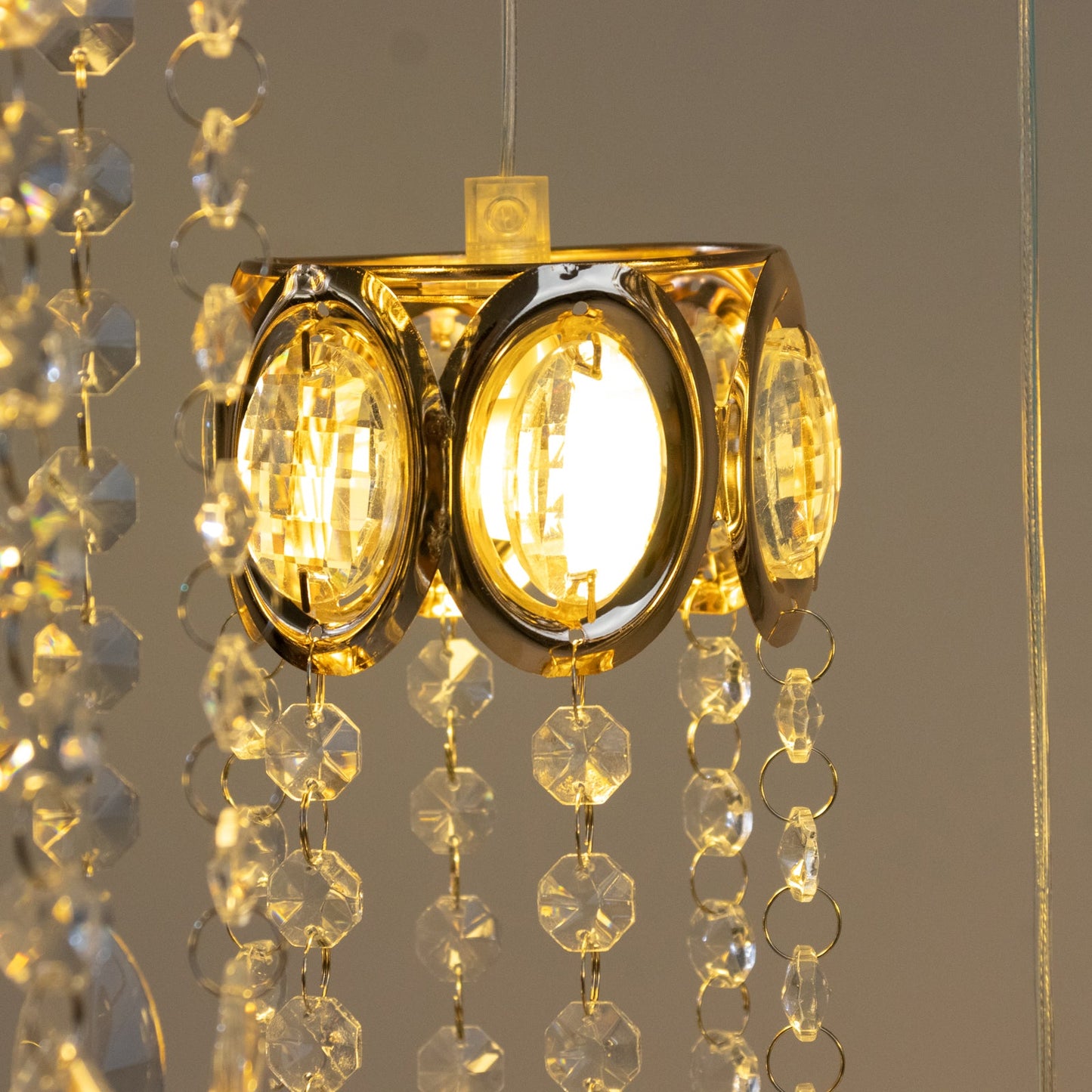 LED Hanging Crystal String Lights – Gold Oval Frame with Teardrop Pendants, Warm White Plug-in Chandelier Décor