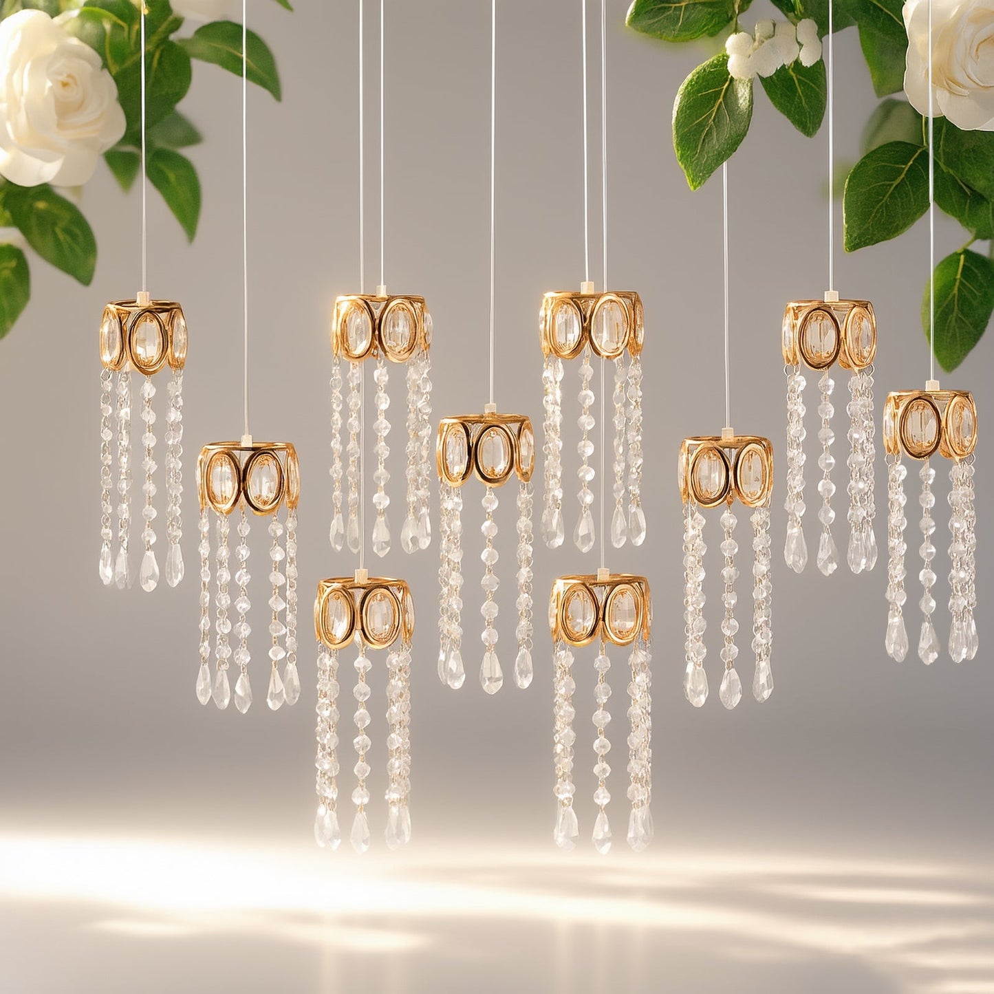 LED Hanging Crystal String Lights – Gold Oval Frame with Teardrop Pendants, Warm White Plug-in Chandelier Décor