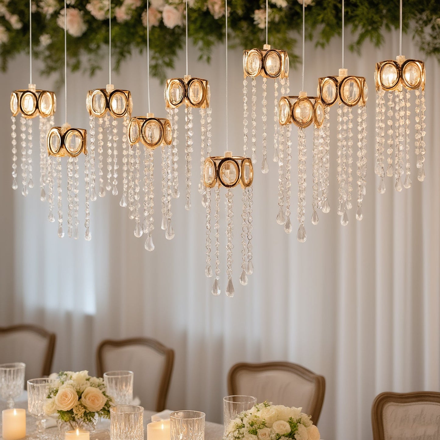 LED Hanging Crystal String Lights – Gold Oval Frame with Teardrop Pendants, Warm White Plug-in Chandelier Décor