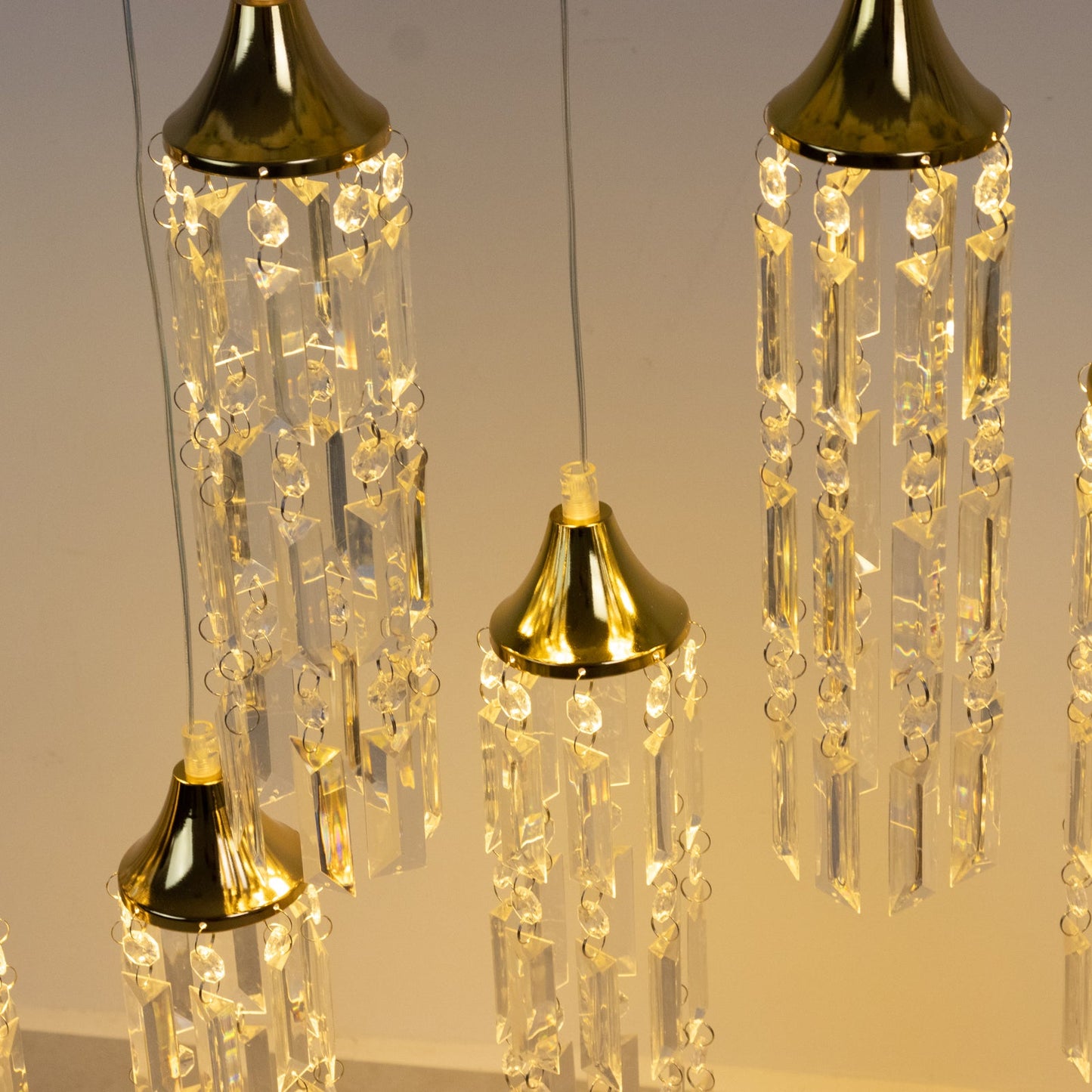 LED Hanging Crystal String Lights – Gold Bell Frame with Prism Pendants, Warm White Plug-in Chandelier Décor