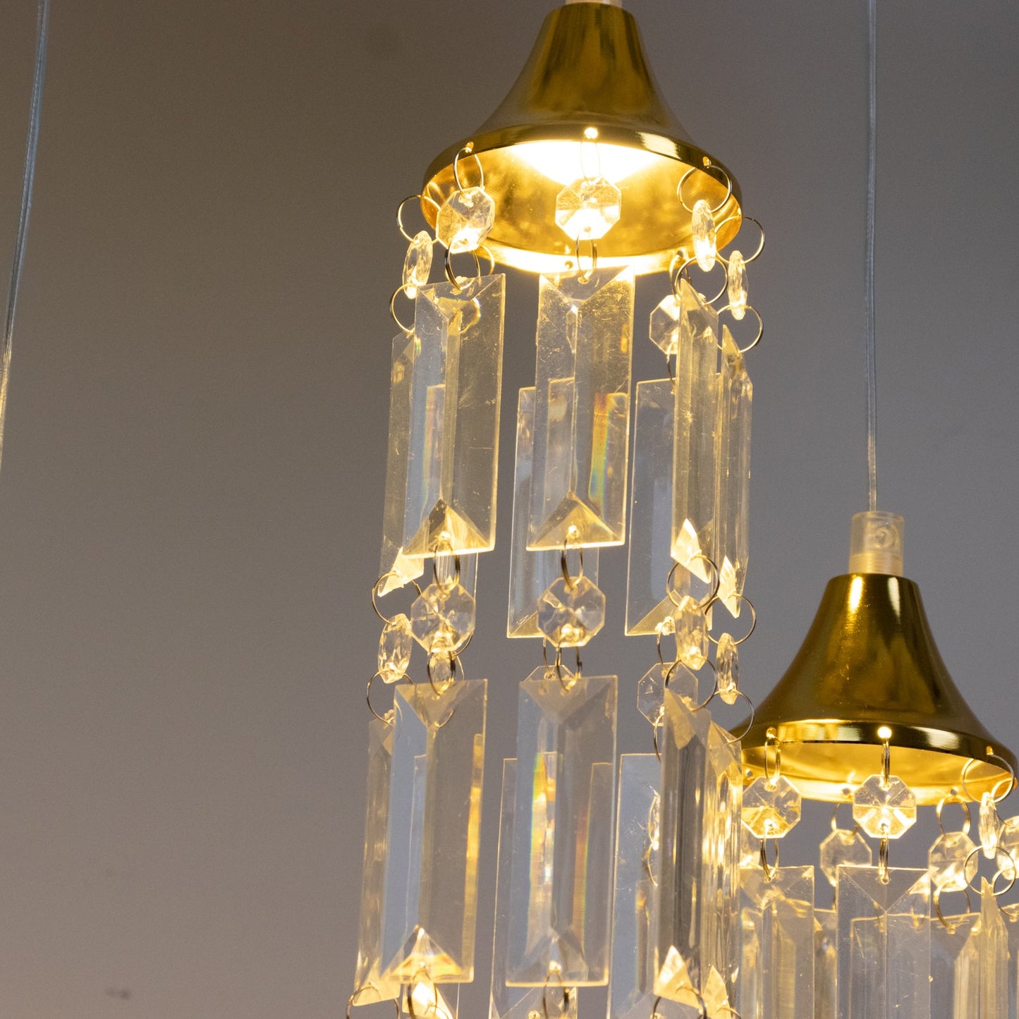 LED Hanging Crystal String Lights – Gold Bell Frame with Prism Pendants, Warm White Plug-in Chandelier Décor