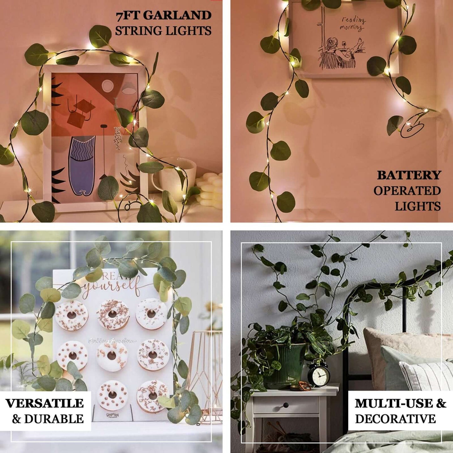 20 LED Vine String Lights Eucalyptus Leaf Design Green Warm White - Battery Operated Home Décor 7ft